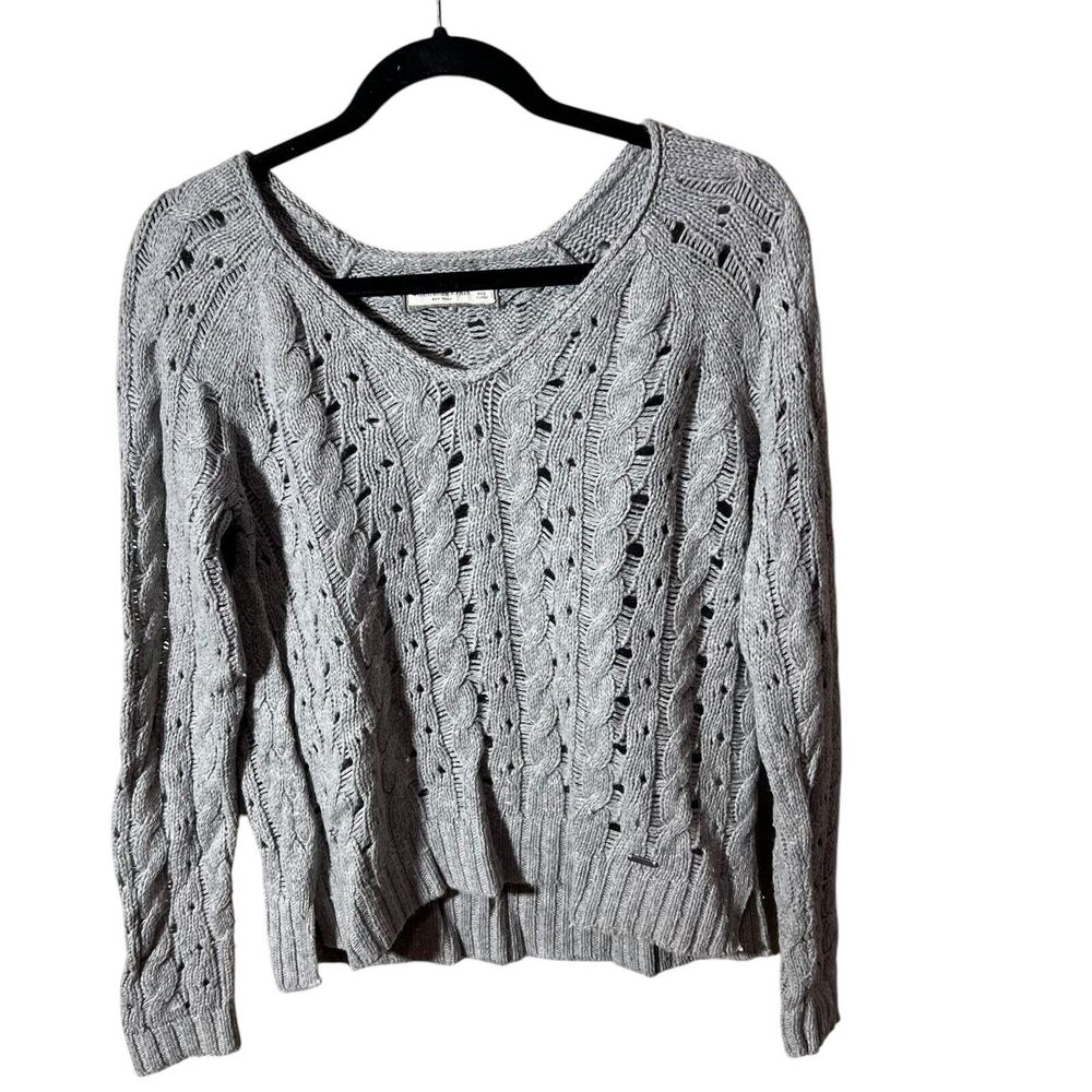 Abercrombie & Fitch  Cable Knit Sweater Women Medium Gray V-Neck Wool Preppy Y2K